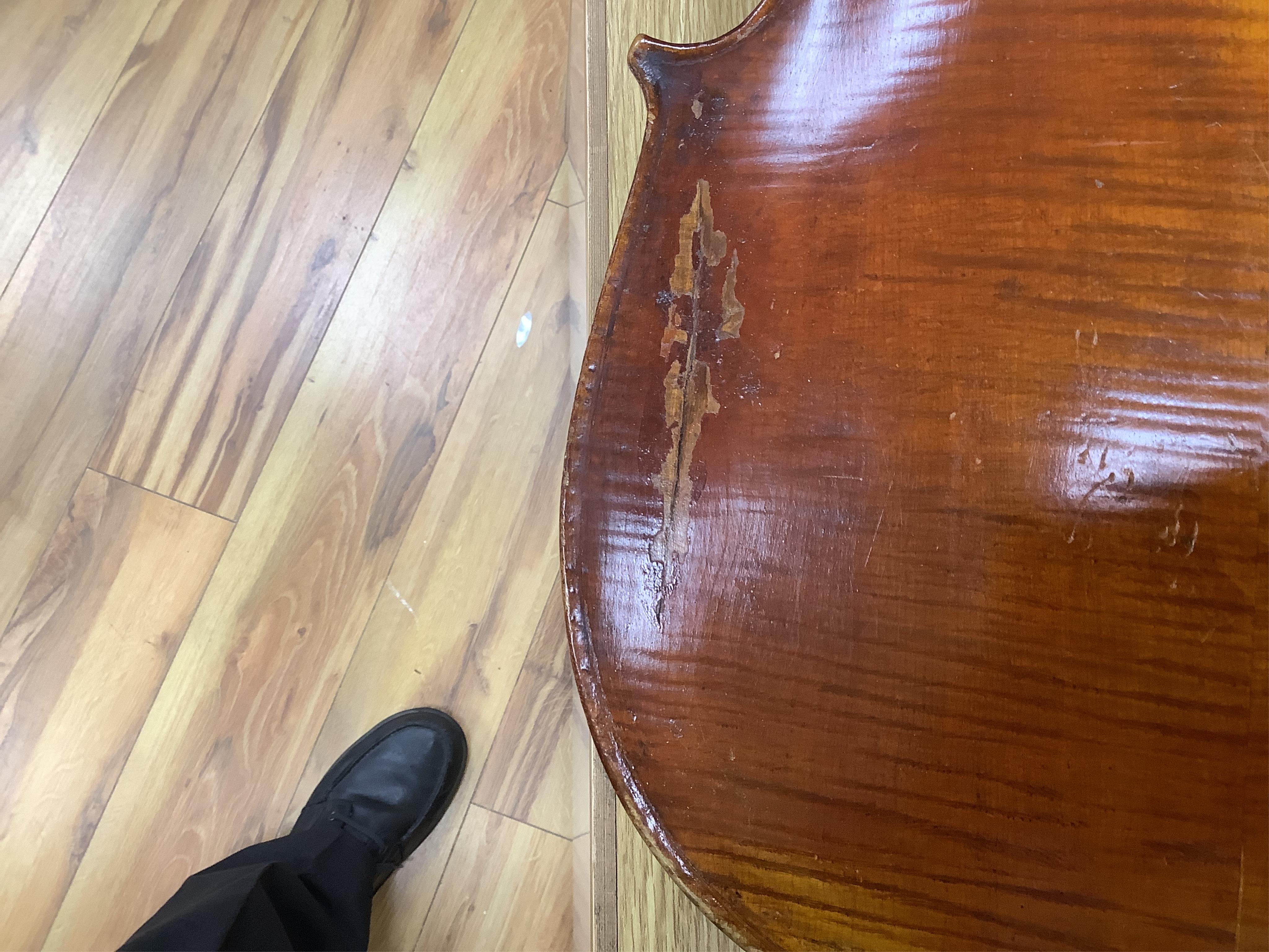 A cased late 19th century German? cello, body length 75cm, together with two bows. Condition - fair to good.